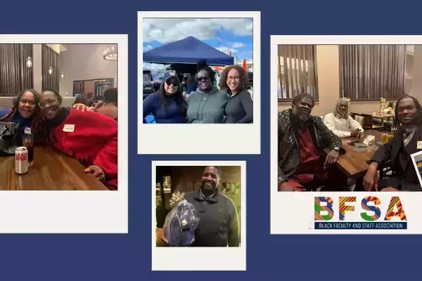 Black Faculty and Staff Association members smiling and engaging in diverse social events: dining, outdoor gatherings, golfing, and celebrations.